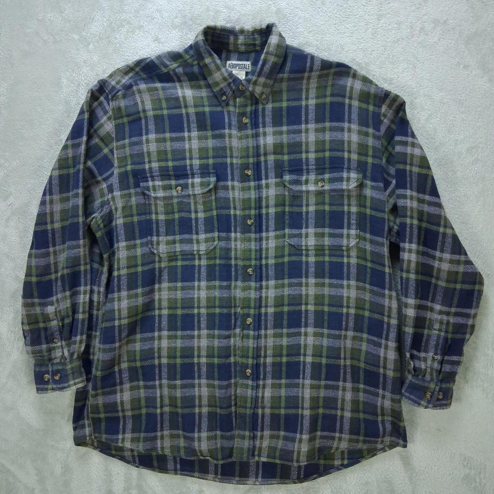 Aeropostale Mens Plaid Flannel Button Up Shirt Blue Green Gray L WPL 8046